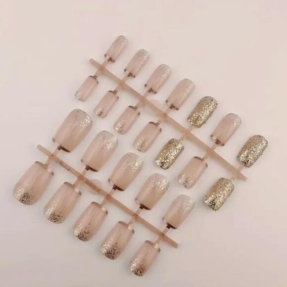 New 24pc Pink Glitter & Gold Lined False Glossy Mid-Length Nails - Picture 4 of 7